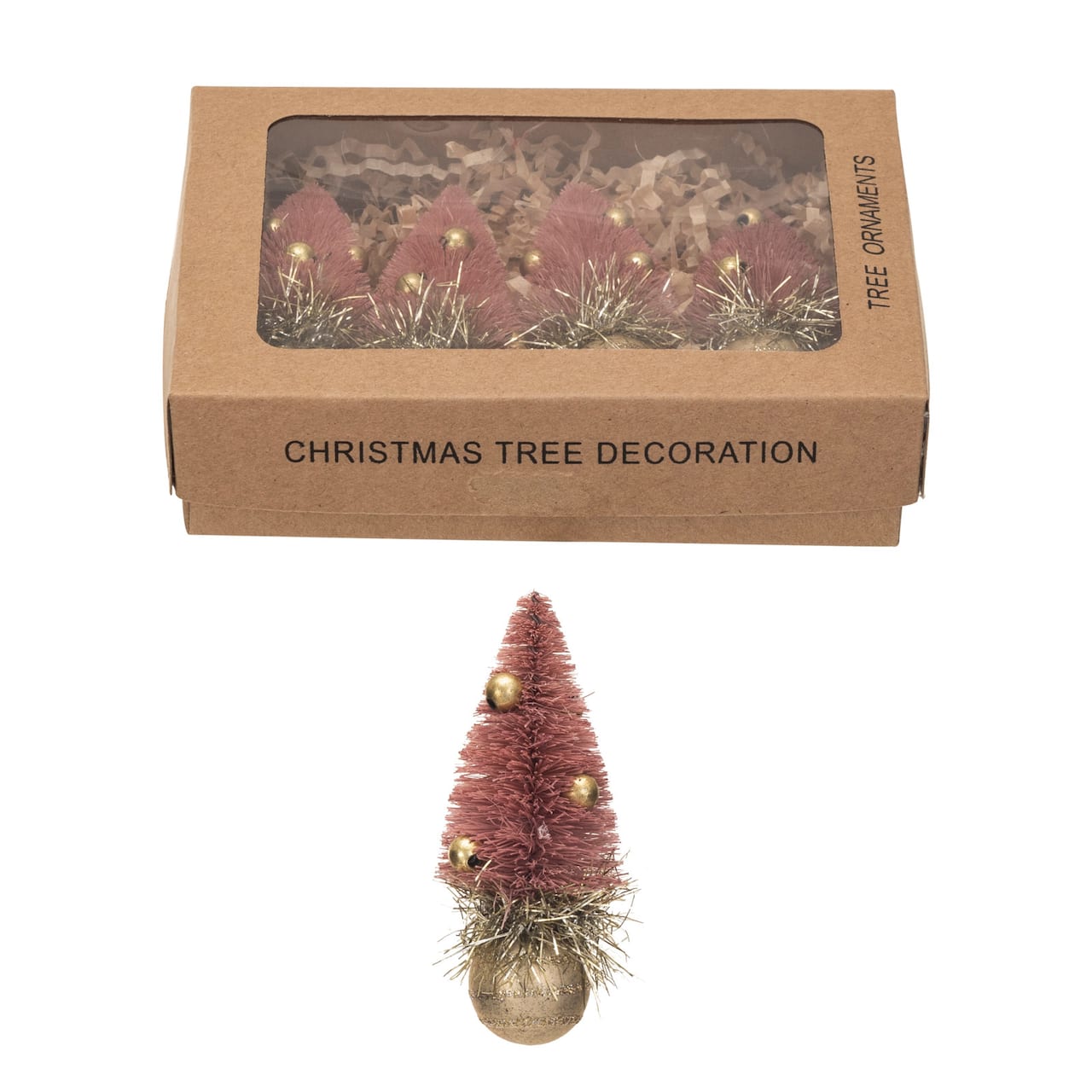 Hello Honey® 3.5" Pink Sisal Bottle Brush Tree with Glass Ball Base Ornaments, 4ct.
